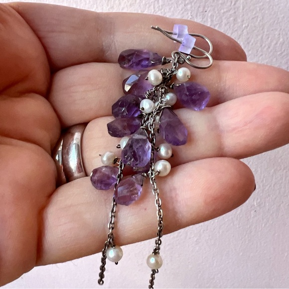 VINTAGE 925 SS FACETED MULTI AMETHYST PEARL CLUSTER BUNCH DANGLE DROP EARRINGS - Picture 12 of 16
